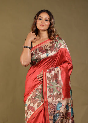 Red Tussar Silk Saree With Blouse Piece