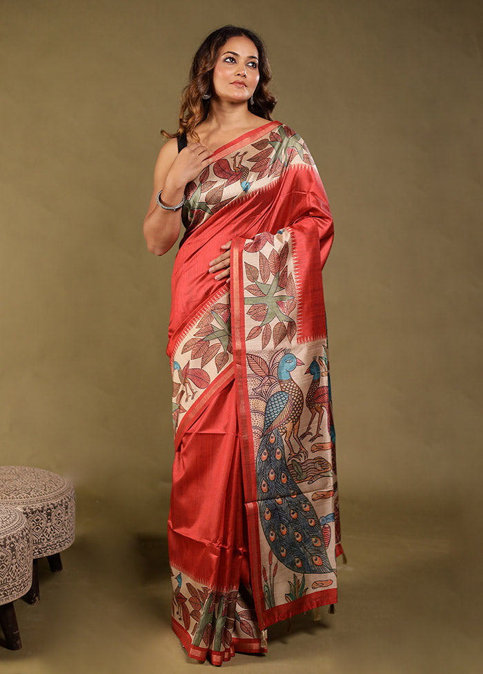 Red Tussar Silk Saree With Blouse Piece