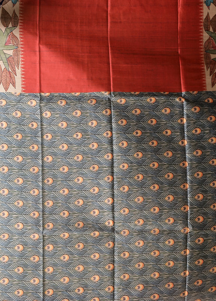 Red Tussar Silk Saree With Blouse Piece