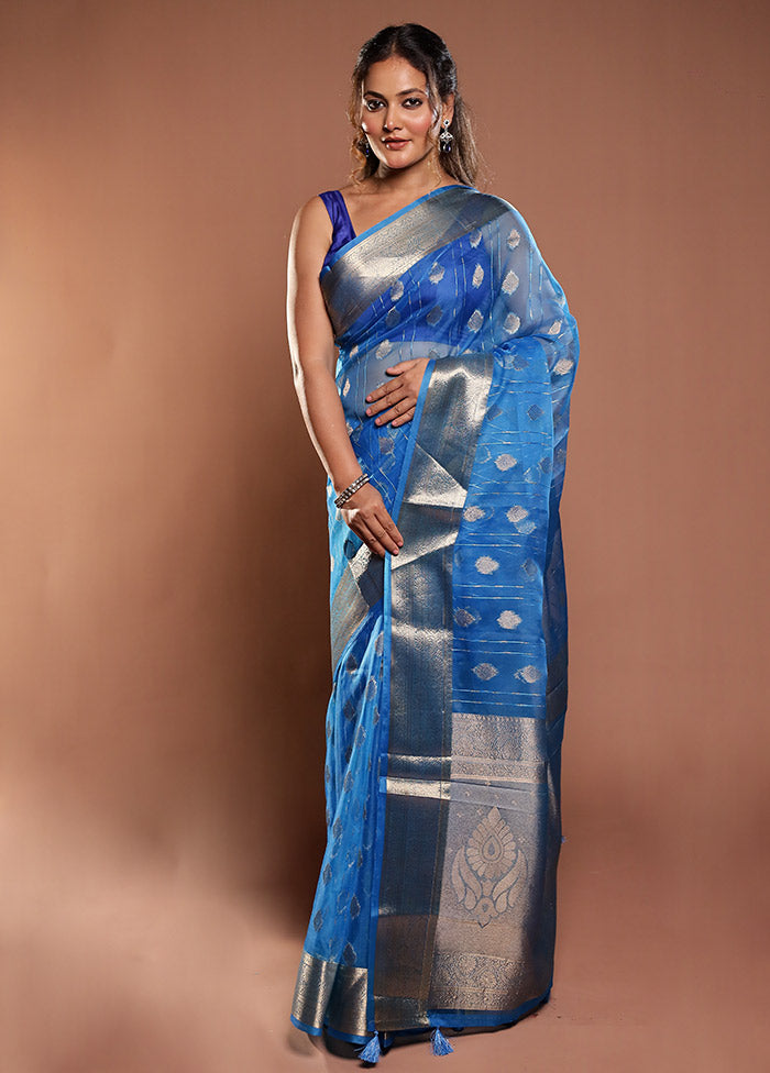 Blue Organza Saree With Blouse Piece