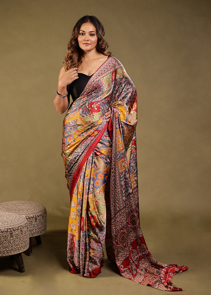 Grey Printed Silk Saree Without Blouse Piece