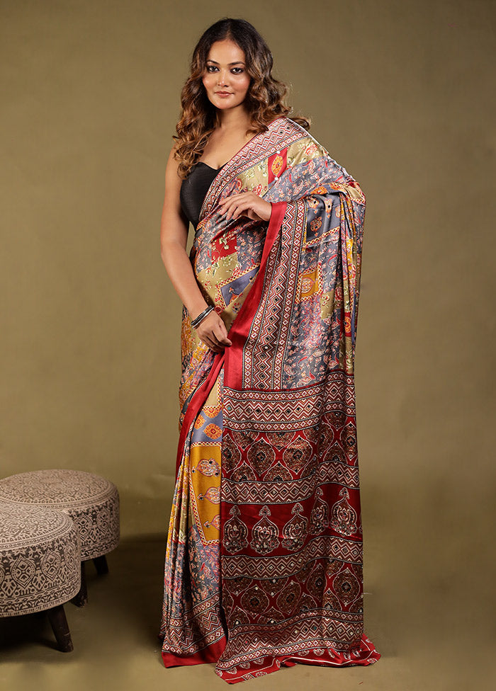 Grey Printed Silk Saree Without Blouse Piece