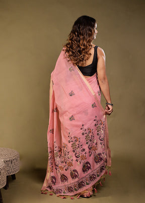 Pink Linen Silk Saree With Blouse Piece