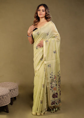 Green Linen Silk Saree With Blouse Piece