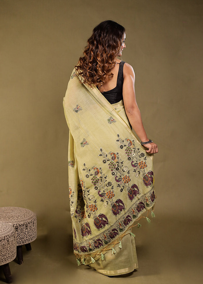 Green Linen Silk Saree With Blouse Piece