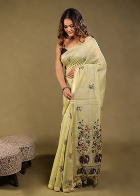 Green Linen Silk Saree With Blouse Piece