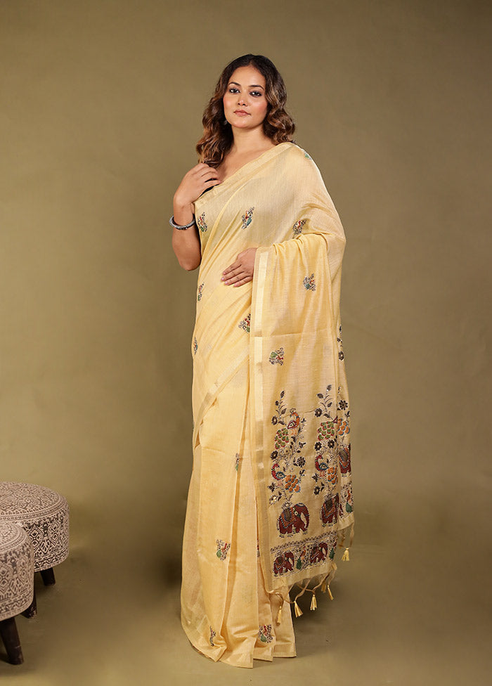 Cream Linen Silk Saree With Blouse Piece