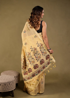 Cream Linen Silk Saree With Blouse Piece