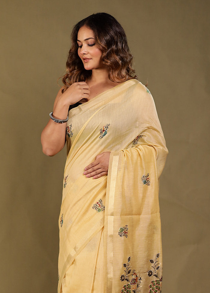 Cream Linen Silk Saree With Blouse Piece