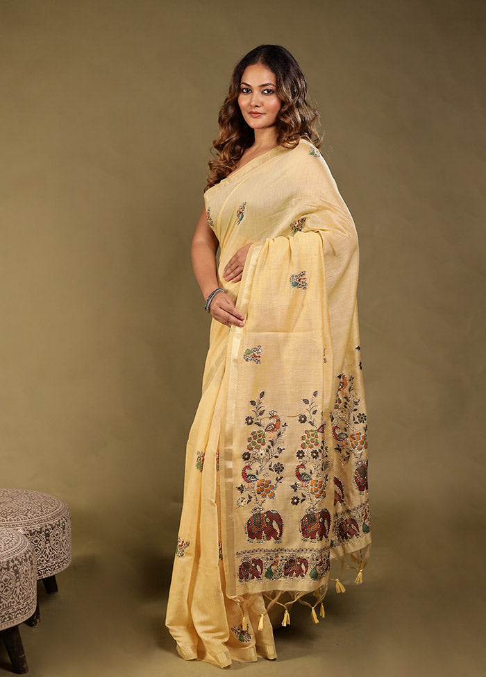 Cream Linen Silk Saree With Blouse Piece