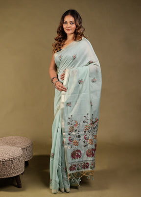 Blue Linen Silk Saree With Blouse Piece