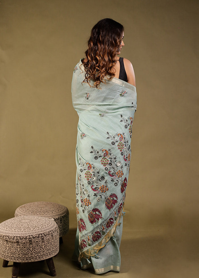 Blue Linen Silk Saree With Blouse Piece