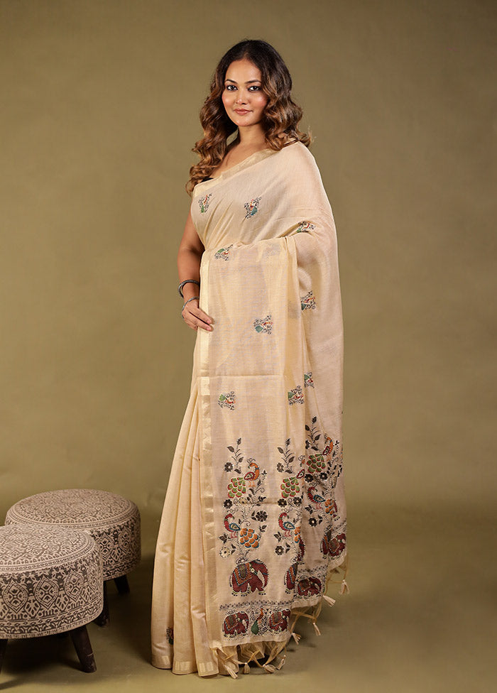 Cream Linen Silk Saree With Blouse Piece