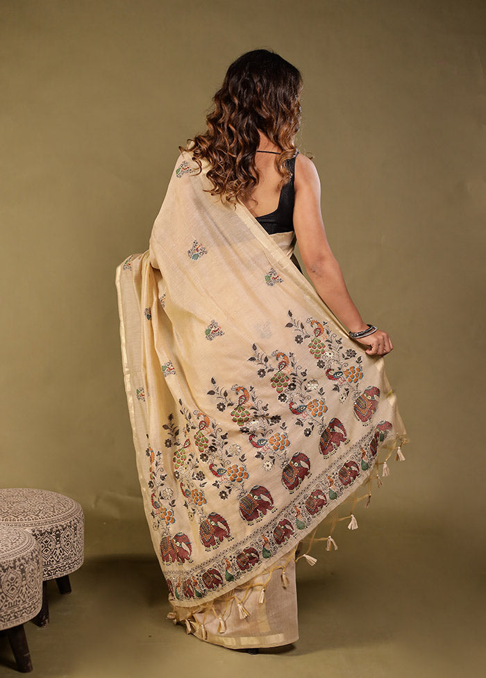 Cream Linen Silk Saree With Blouse Piece