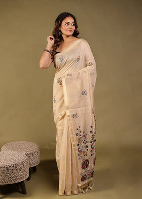 Cream Linen Silk Saree With Blouse Piece