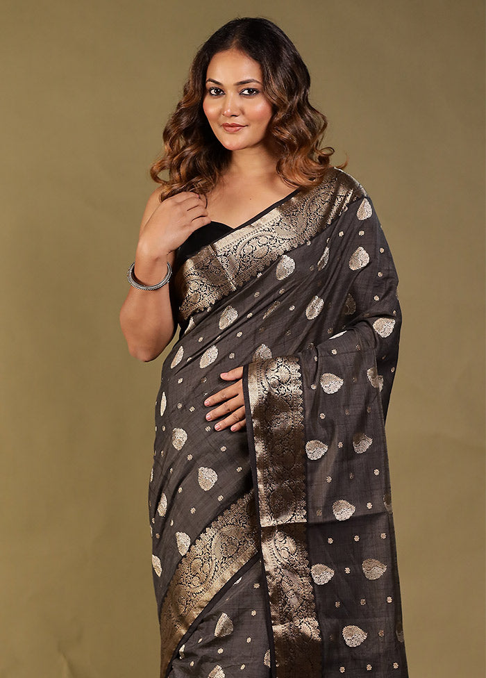 Black Dupion Silk Saree With Blouse Piece
