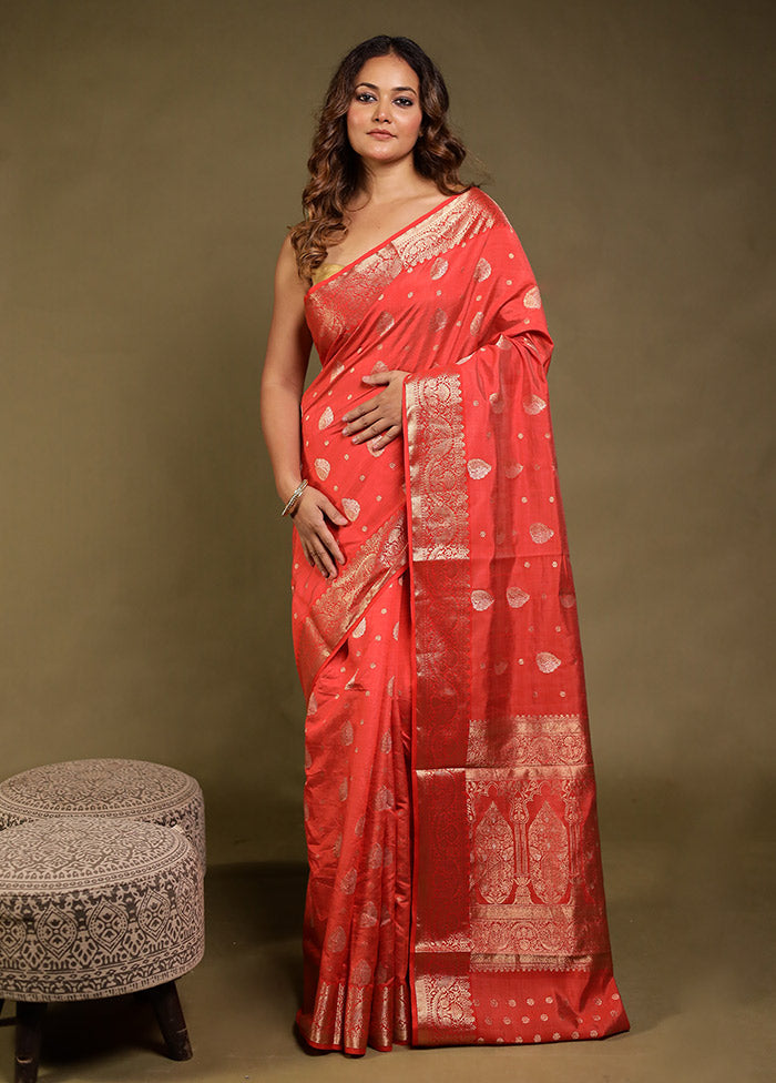Red Dupion Silk Saree With Blouse Piece