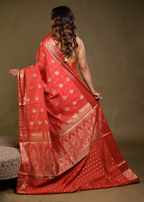 Red Dupion Silk Saree With Blouse Piece