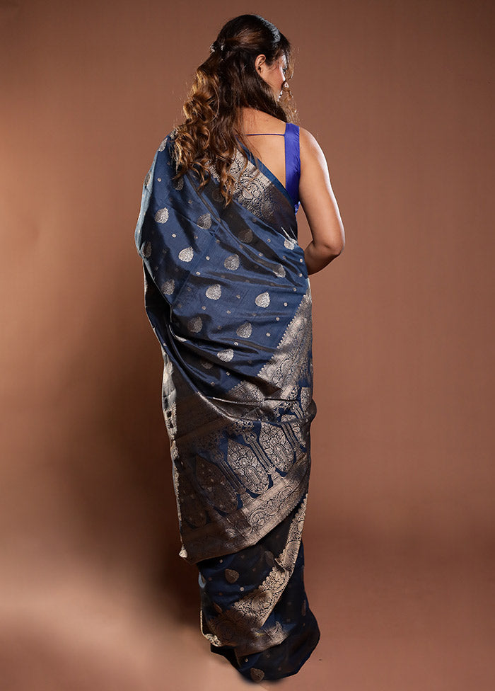 Blue Dupion Silk Saree With Blouse Piece