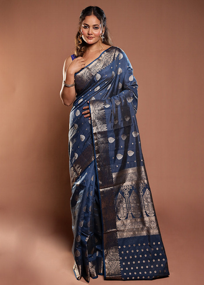 Blue Dupion Silk Saree With Blouse Piece