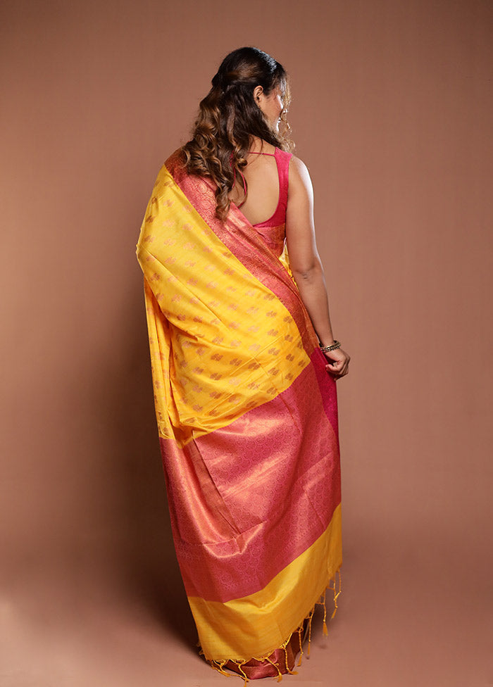 Yellow Dupion Silk Saree With Blouse Piece