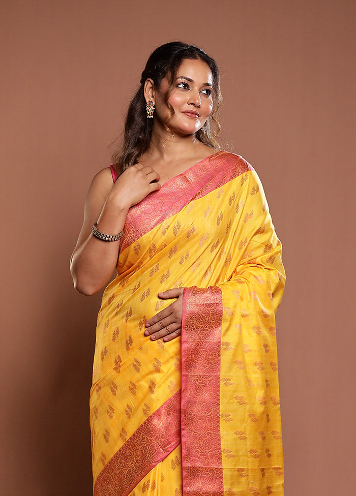 Yellow Dupion Silk Saree With Blouse Piece