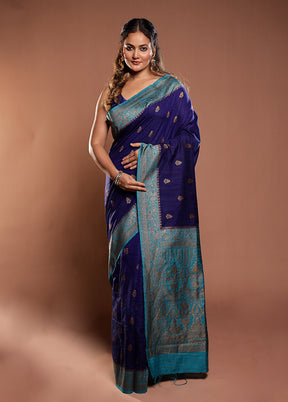 Blue Dupion Silk Saree With Blouse Piece