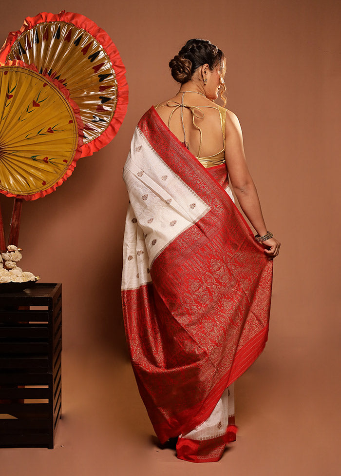 White Dupion Silk Saree With Blouse Piece