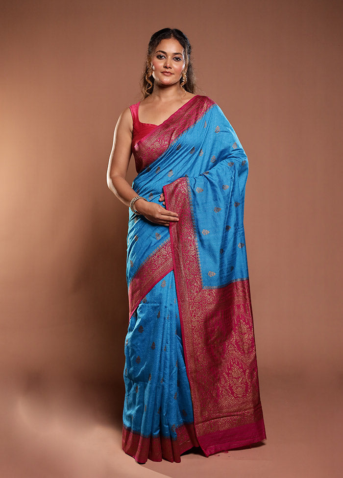 Blue Dupion Silk Saree With Blouse Piece