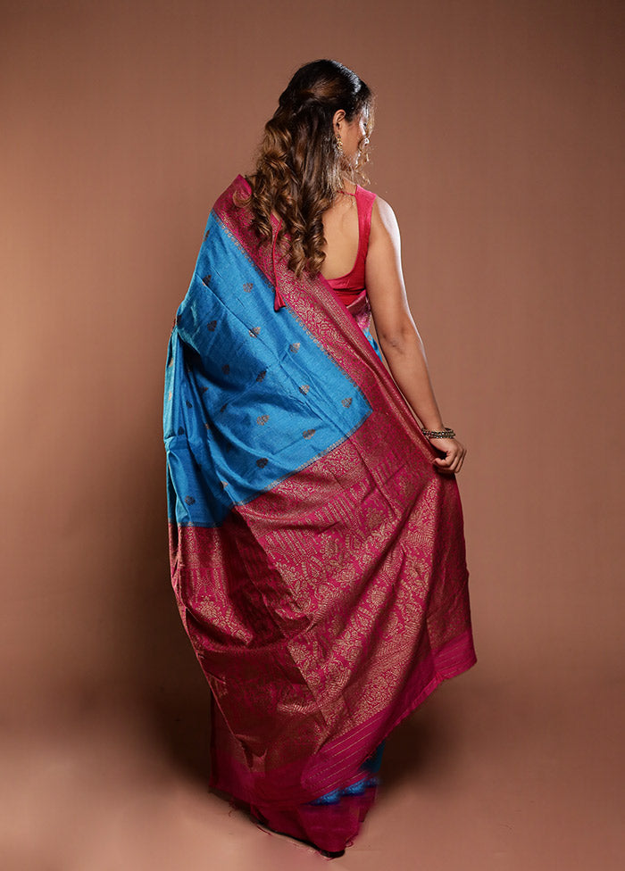 Blue Dupion Silk Saree With Blouse Piece