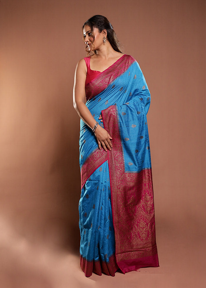 Blue Dupion Silk Saree With Blouse Piece