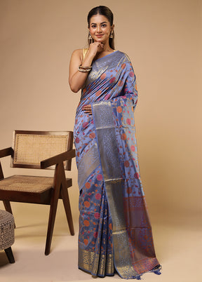 Blue Dupion Silk Saree With Blouse Piece