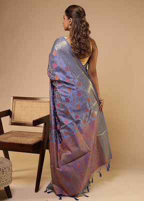 Blue Dupion Silk Saree With Blouse Piece