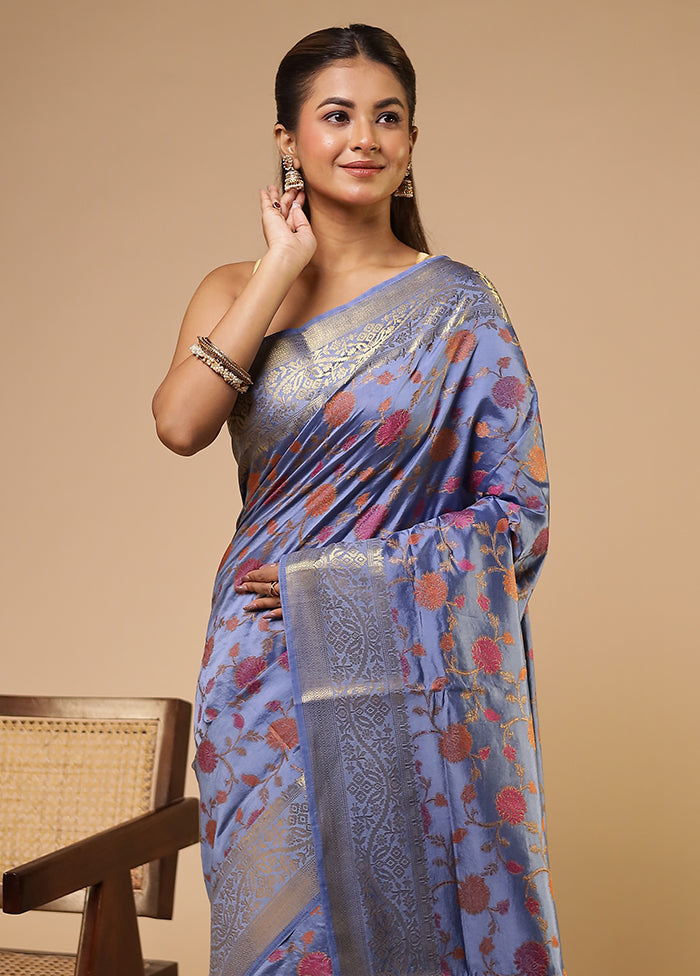 Blue Dupion Silk Saree With Blouse Piece