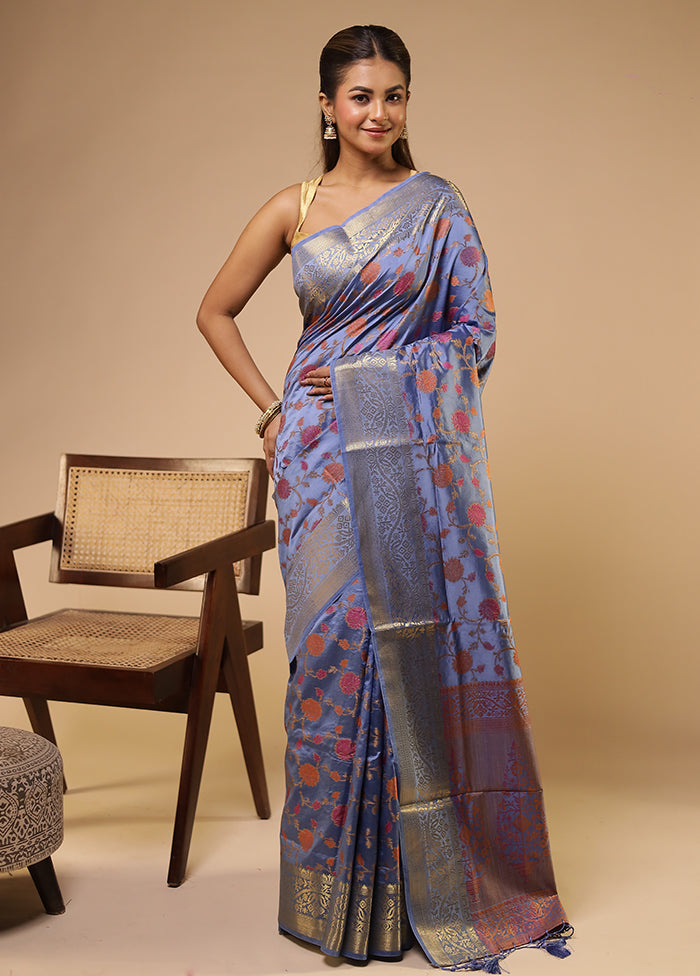 Blue Dupion Silk Saree With Blouse Piece
