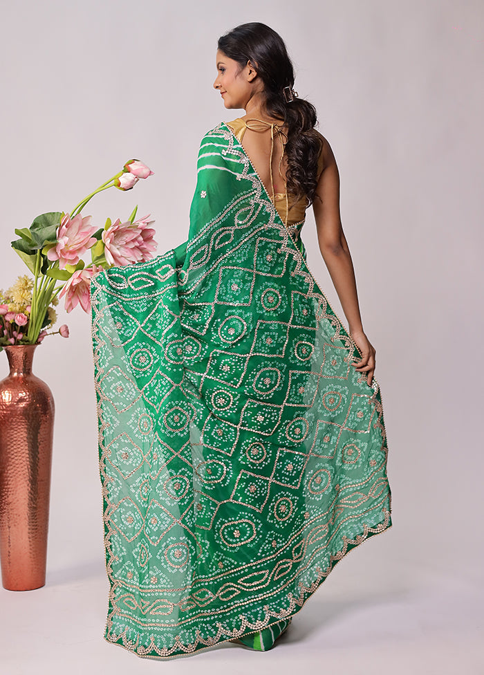 Green Bandhej Saree With Blouse Piece