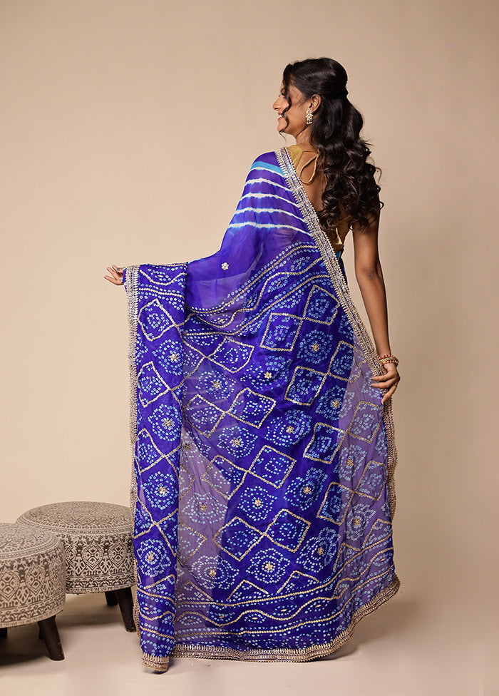 Blue Bandhej Saree With Blouse Piece