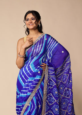 Blue Bandhej Saree With Blouse Piece