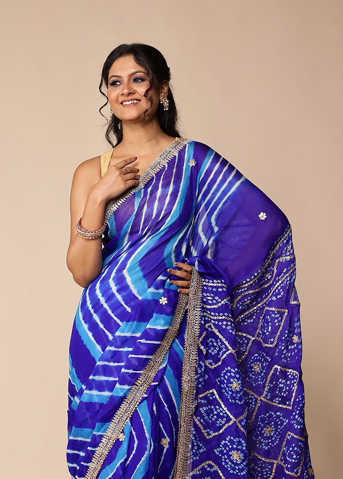 Blue Bandhej Saree With Blouse Piece
