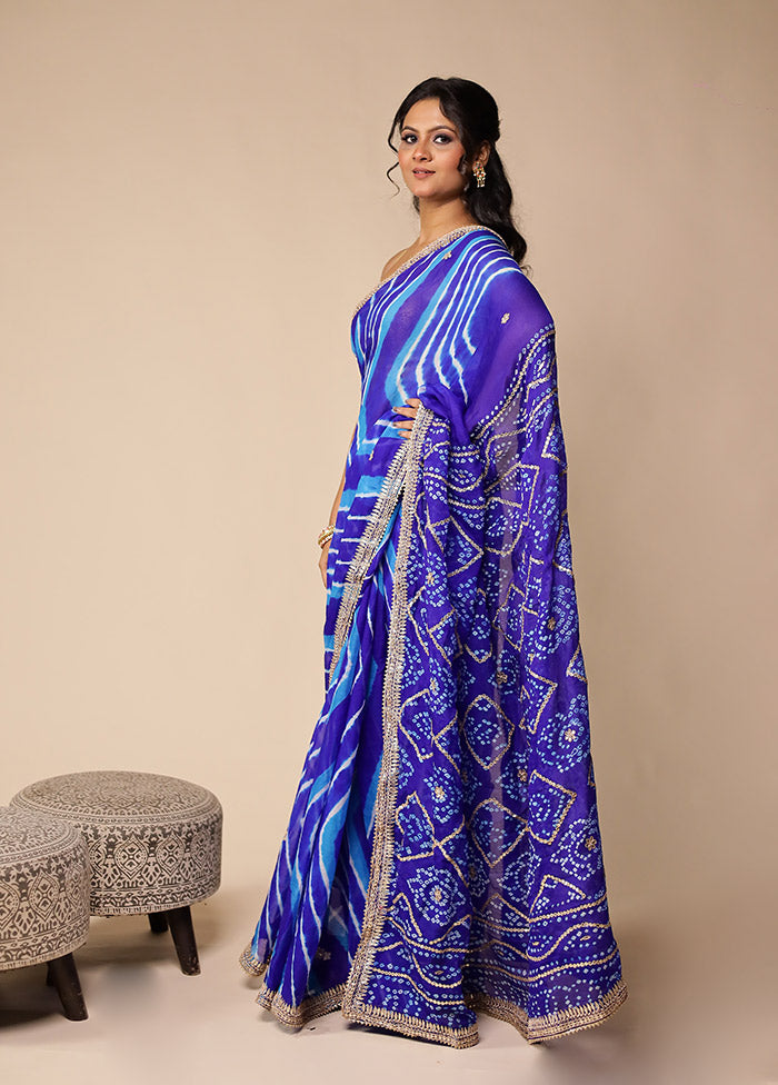 Blue Bandhej Saree With Blouse Piece