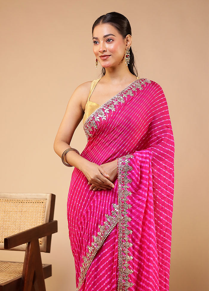 Pink Bandhej Pure Silk Saree With Blouse Piece