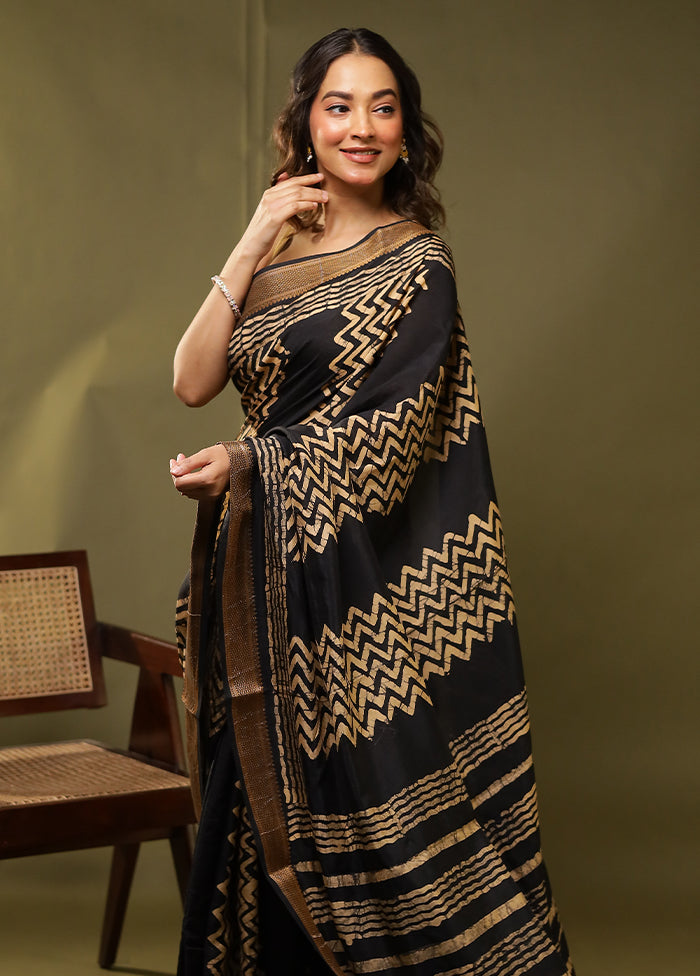 Black Chanderi Silk Saree With Blouse Piece