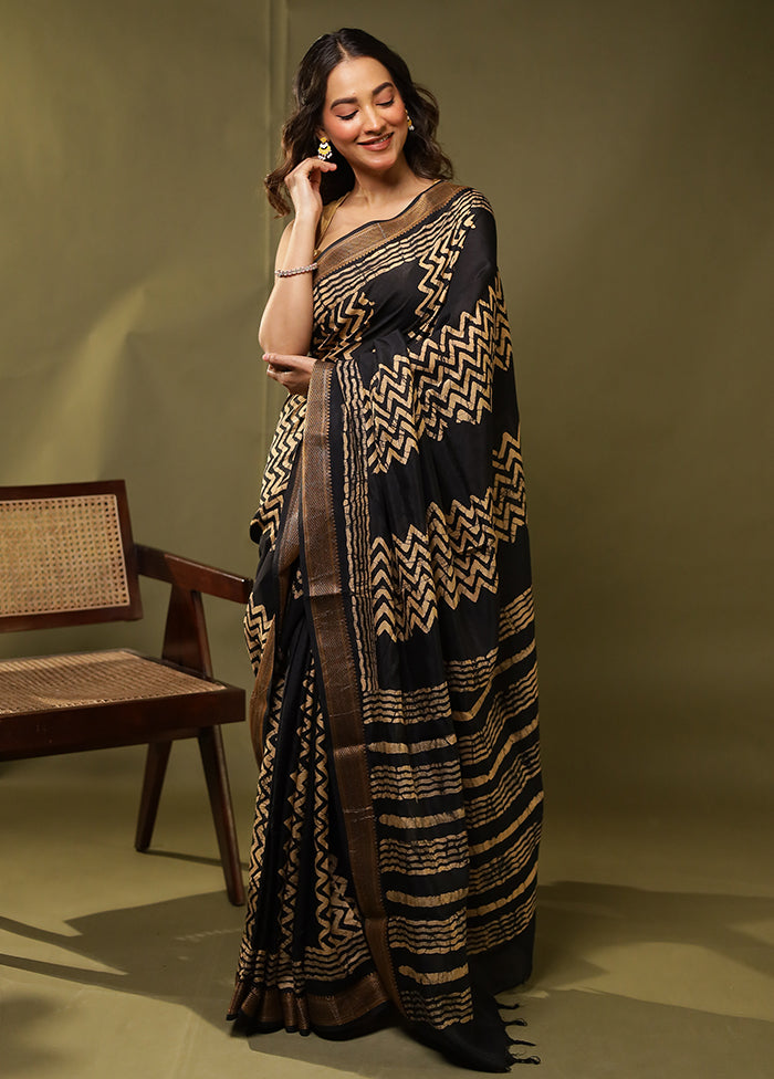 Black Chanderi Silk Saree With Blouse Piece