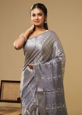 Grey Handloom Chanderi Pure Silk Saree With Blouse Piece
