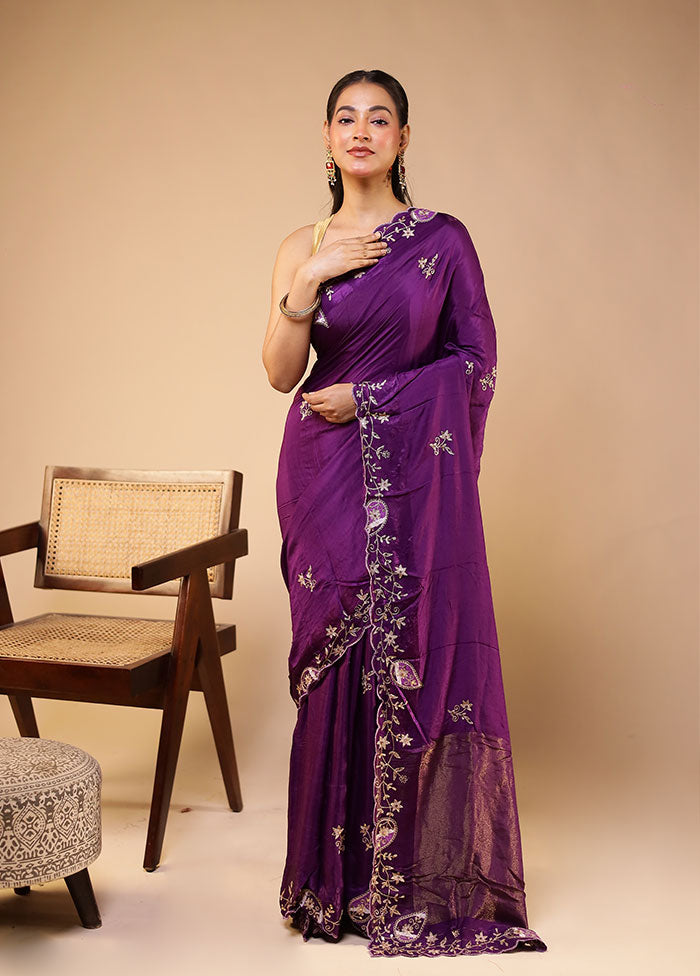 Purple Handloom Tissue Pure Silk Saree With Blouse Piece