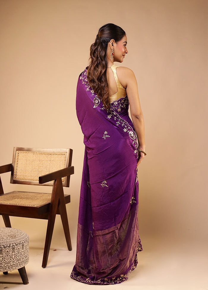 Purple Handloom Tissue Pure Silk Saree With Blouse Piece