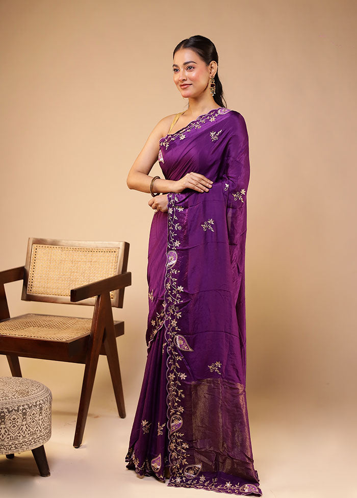 Purple Handloom Tissue Pure Silk Saree With Blouse Piece