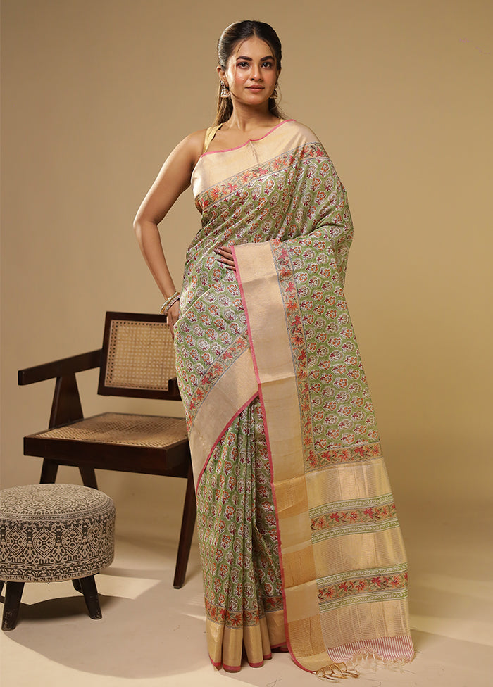 Green Handloom Tissue Pure Silk Saree With Blouse Piece