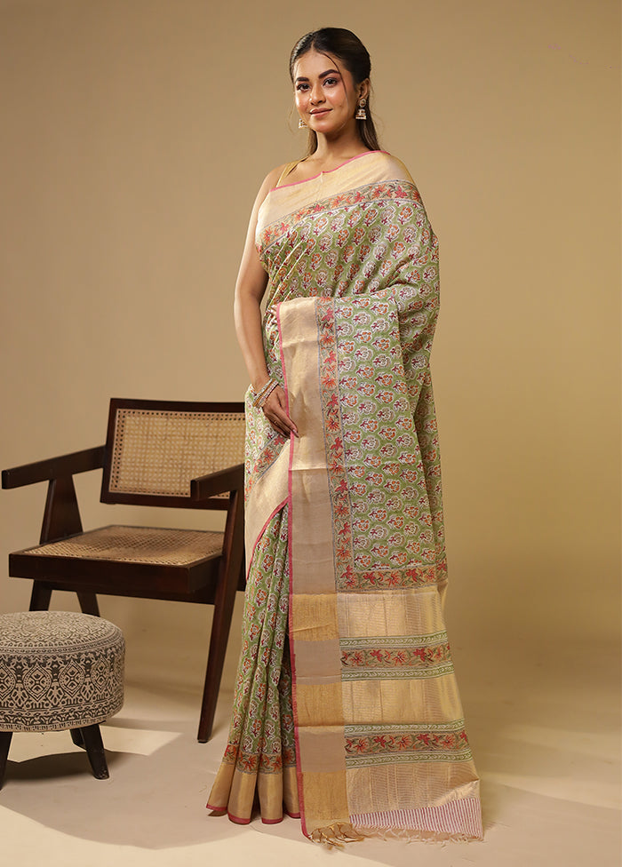 Green Handloom Tissue Pure Silk Saree With Blouse Piece
