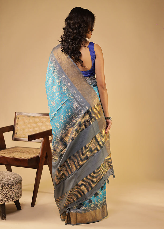 Blue Handloom Tissue Pure Silk Saree With Blouse Piece